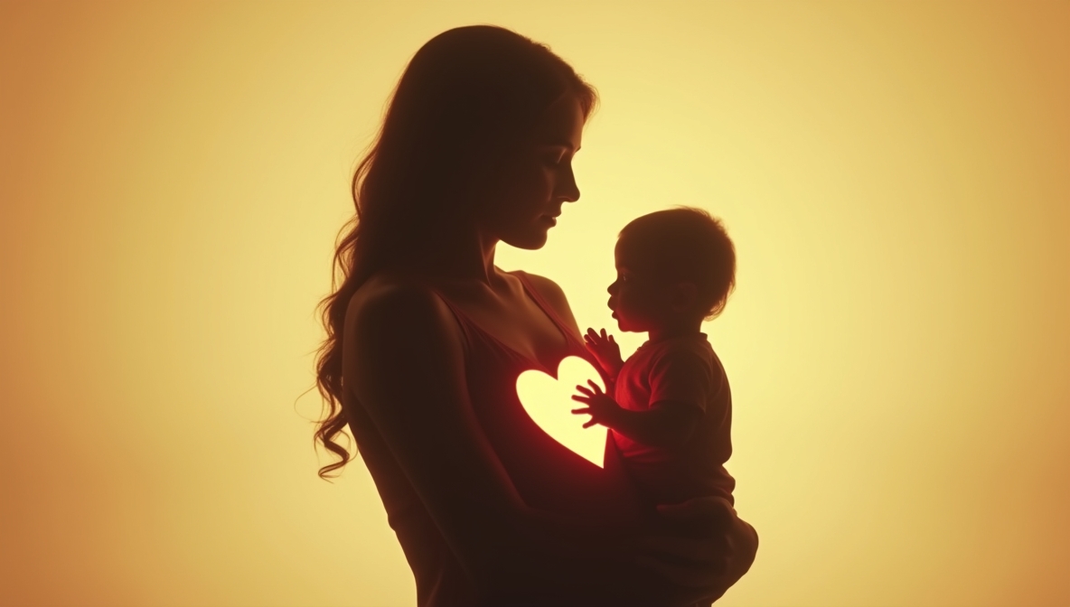 Sylwetka matki z dzieckiem na tle ciepłego światła, z jaśniejącym sercem na piersi – symbol bezwarunkowej miłości, czułości i najpiękniejszego prezentu na Dzień Matki: przytulenia i słów „kocham Cię”.