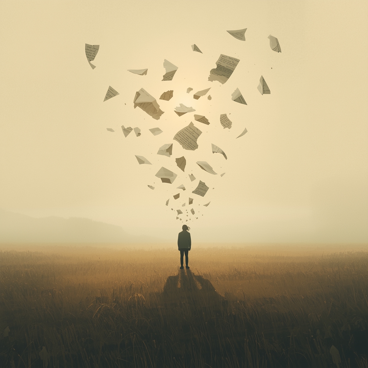 Osoba stojąca w miękkim, sennym krajobrazie, a wokół niej na wietrze unoszą się fragmenty fałszywej pewności siebie — symbol odpuszczania i emocjonalnego uwolnienia.