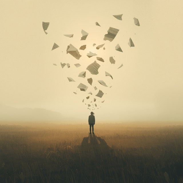 Osoba stojąca w miękkim, sennym krajobrazie, a wokół niej na wietrze unoszą się fragmenty fałszywej pewności siebie — symbol odpuszczania i emocjonalnego uwolnienia.