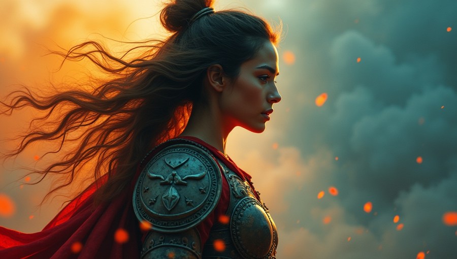 Abstrakcyjny, metaforyczny obraz kobiety wojowniczki walczącej o siebie. Symbolizuje wewnętrzną siłę, odwagę i walkę o własną tożsamość. Emocjonalna, symboliczna kompozycja ukazująca determinację i wrażliwość.