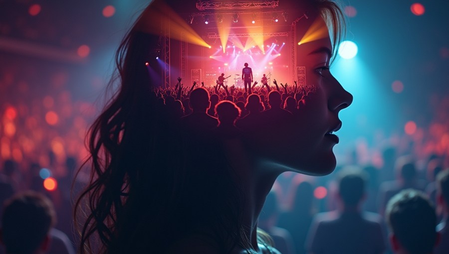 Surrealistyczny profil głowy kobiety, wewnątrz której odbywa się koncert rockowy — scena, zespół, światła i wiwatujący tłum — symbolizujący emocjonalną siłę muzyki w umyśle.