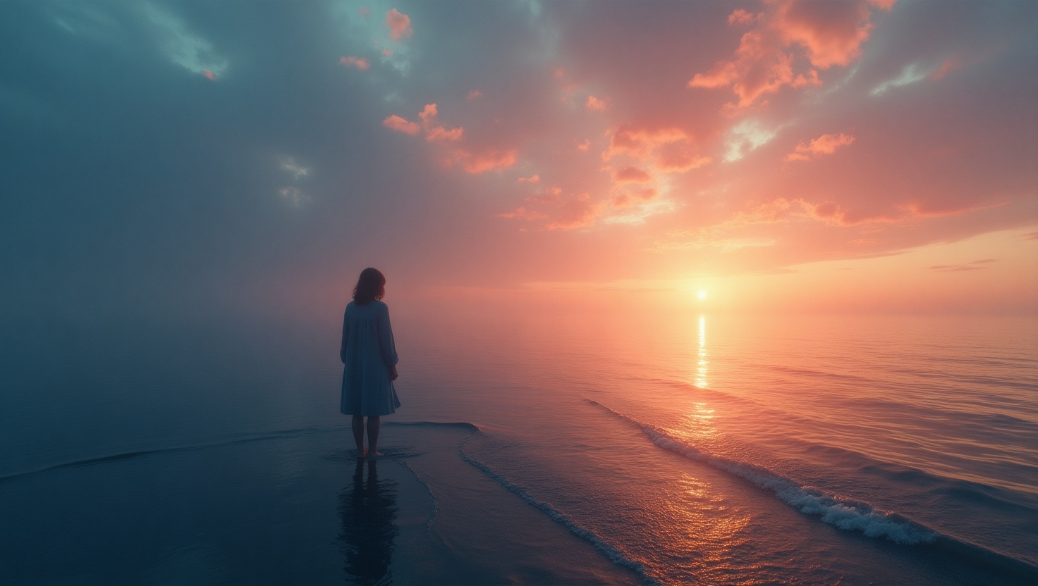 A solitary person partially submerged in calm water at sunset, symbolizing reflection, emotional struggle, and hope, with soft waves and a distant glowing horizon.