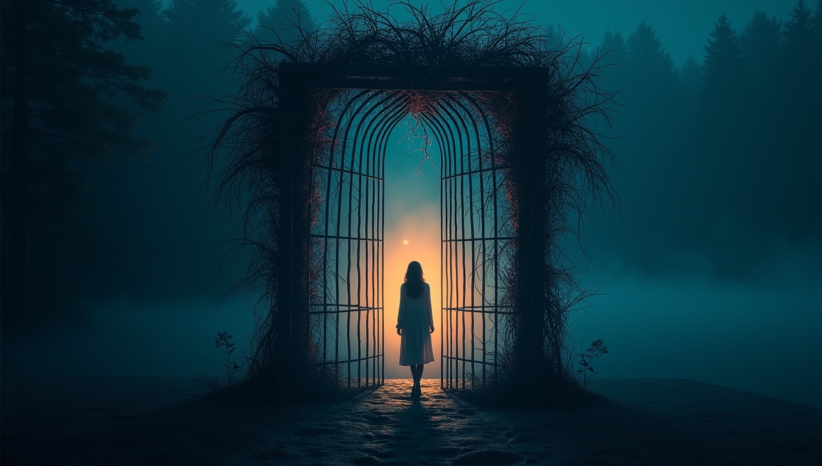 Metaforyczna grafika kobiety stojącej w cienistym, misternym więzieniu z gałęzi i linii, symbolizującym zmartwienia i zranione ego. Z pęknięcia w więzieniu wydobywa się ciepłe światło, symbolizujące Jaźń i wewnętrzną wolność. Tło: mglista nocna przestrzeń, mistyczna atmosfera, głębokie odcienie niebieskiego i fioletu.