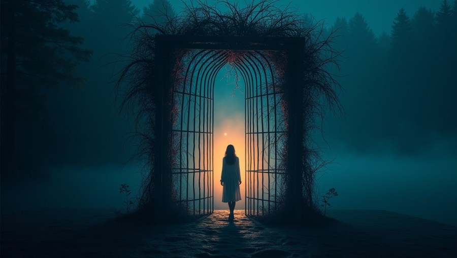 Metaforyczna grafika kobiety stojącej w cienistym, misternym więzieniu z gałęzi i linii, symbolizującym zmartwienia i zranione ego. Z pęknięcia w więzieniu wydobywa się ciepłe światło, symbolizujące Jaźń i wewnętrzną wolność. Tło: mglista nocna przestrzeń, mistyczna atmosfera, głębokie odcienie niebieskiego i fioletu.