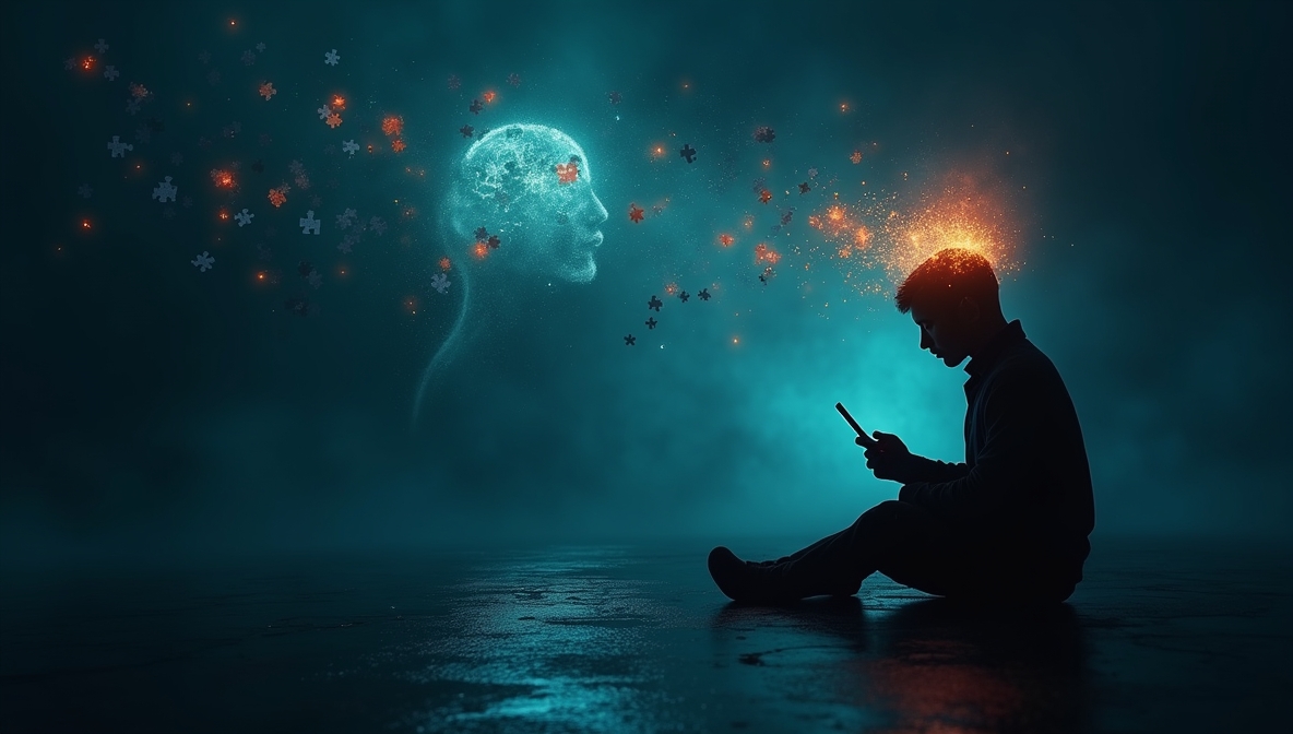 Osoba siedzi sama w ciszy, a w jej głowie kawałki układanki zaczynają wskakiwać na swoje miejsca, symbolizując jasność i spokój. Gdy patrzy na telefon, układanka rozprasza się, tworząc chaos i uniemożliwiając przebicie się wewnętrznej postaci.