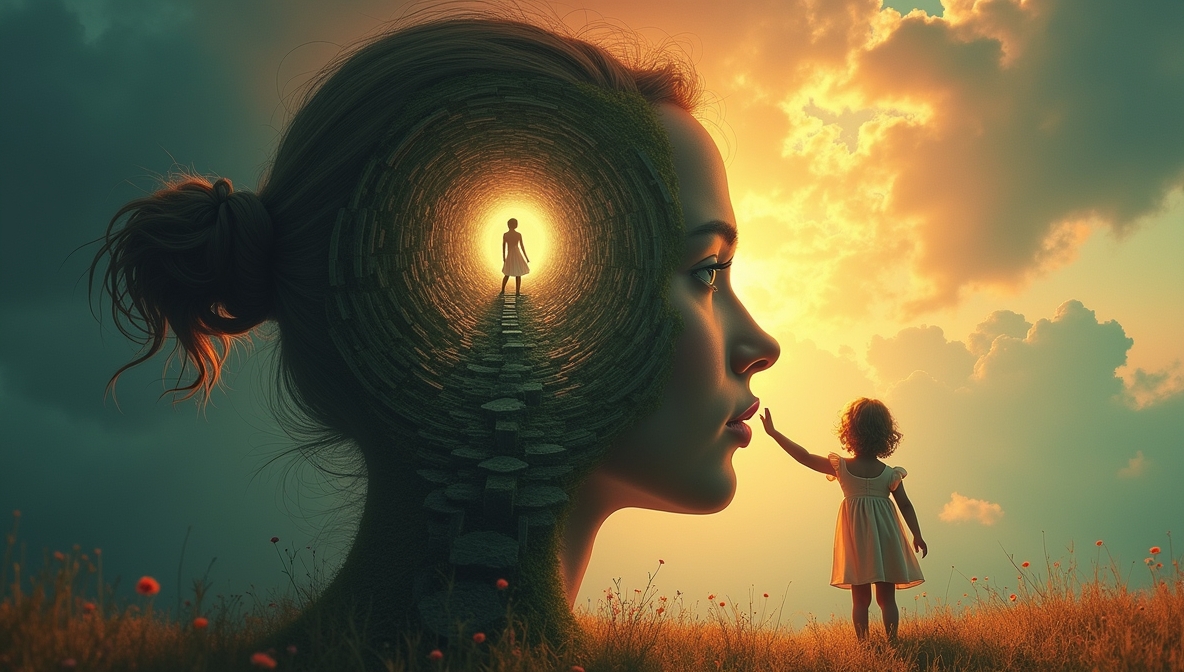 Profil kobiecej głowy, w której wnętrzu dorosła osoba prowadzi dziecko za rękę przez labirynt, symbolizując wewnętrzne dziecko i rozwój osobisty.