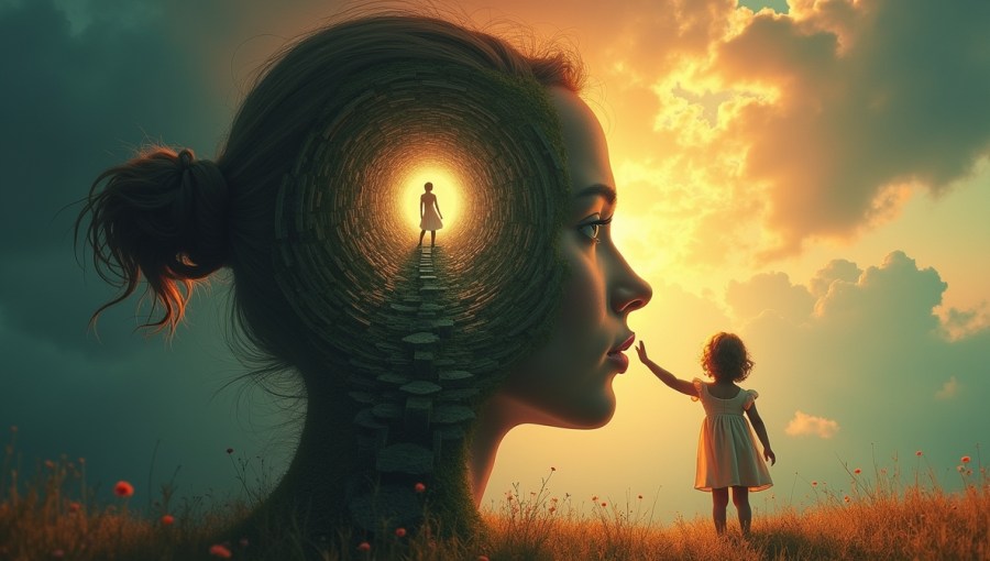 Profil kobiecej głowy, w której wnętrzu dorosła osoba prowadzi dziecko za rękę przez labirynt, symbolizując wewnętrzne dziecko i rozwój osobisty.