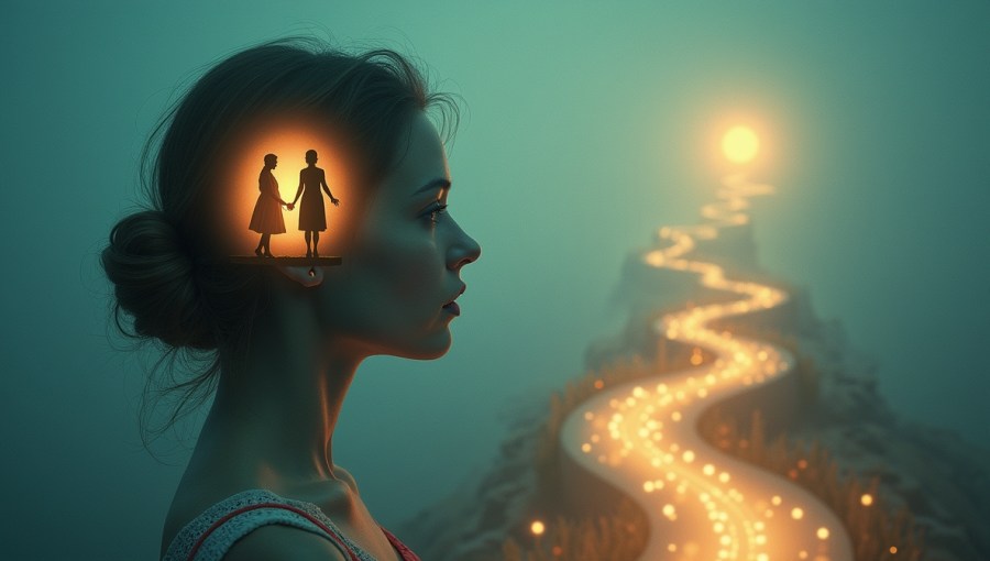 Surrealna scena wewnątrz kobiecej głowy: dwie postacie kobiet, jedna zakrywa oczy drugiej, prowadząc ją po świetlistej ścieżce w stronę celu, symbolizująca podróż w głąb siebie i samopoznanie.