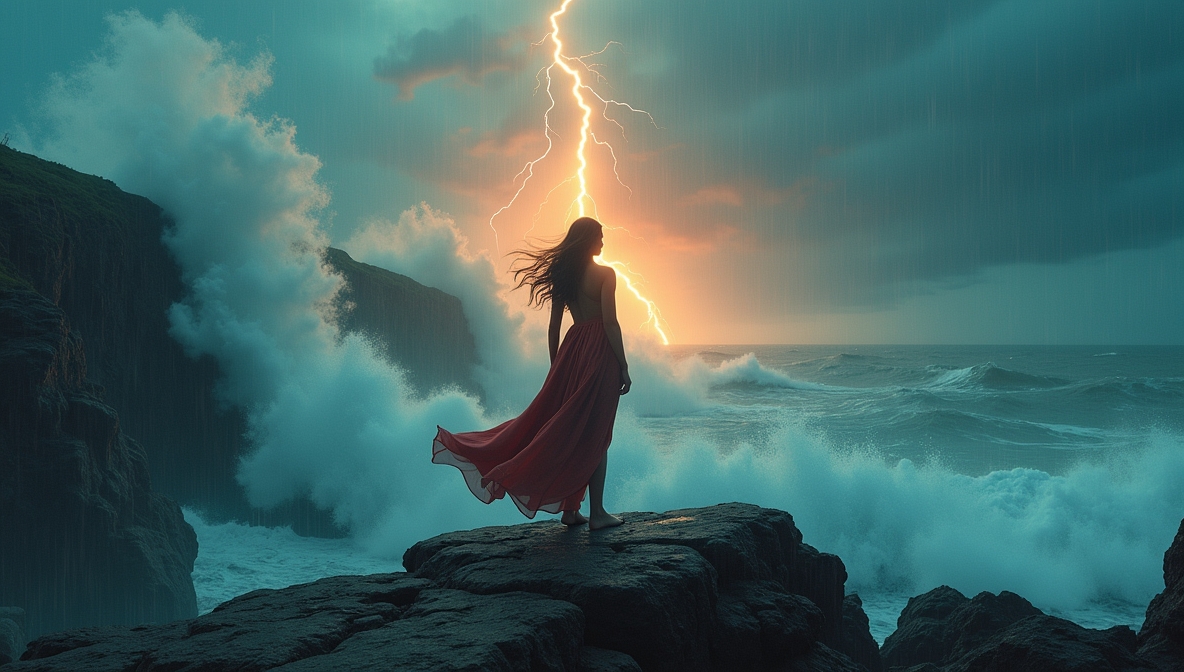 Kobieta stojąca samotnie wśród burzy, otoczona falami, ale rozświetlona wewnętrznym światłem – symbol siły i walki o siebie.