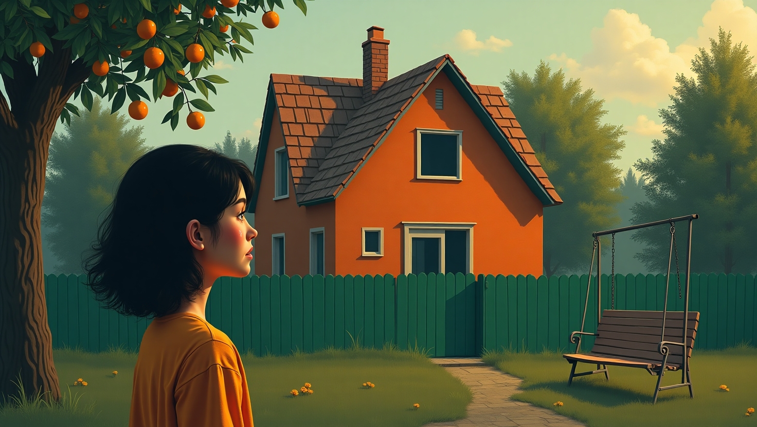 Opuszczony pomarańczowy dom za zielonym płotem — symbol wspomnień z dzieciństwa i utraty ukochanego miejsca. Kobieta z łzami w oczach patrzy na dom pełna smutku i tęsknoty.