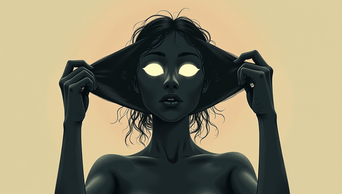 Minimalistyczna ilustracja przedstawiająca postać zdejmującą z twarzy ciemną maskę i odsłaniającą swoje prawdziwe, promienne oblicze – symbol przemiany, autentyczności i wewnętrznego światła.