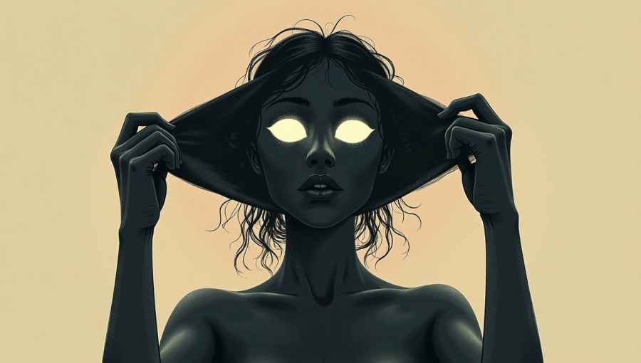 Minimalistyczna ilustracja przedstawiająca postać zdejmującą z twarzy ciemną maskę i odsłaniającą swoje prawdziwe, promienne oblicze – symbol przemiany, autentyczności i wewnętrznego światła.