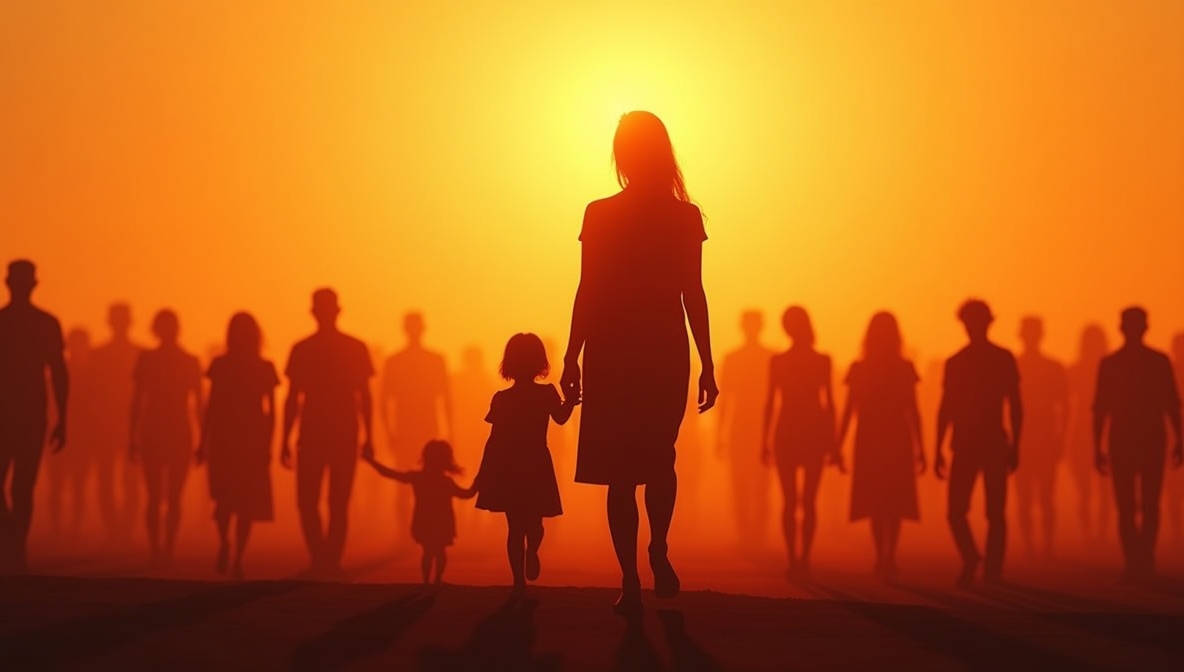 Sylwetka osoby na pierwszym planie, za nią kolejne sylwetki symbolizujące rodzinę, która kształtuje i wspiera nas w życiu.