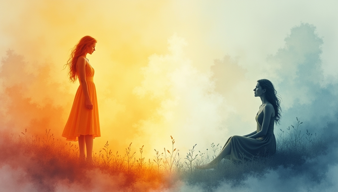 Symboliczna ilustracja kobiety, która kocha siebie, jest silna i gotowa na życie, w kontraście z tą samą kobietą siedzącą w miejscu, patrzącą z nadzieją w przyszłość, ale nie działającą, symbolizująca rozwój osobisty i samoakceptację.