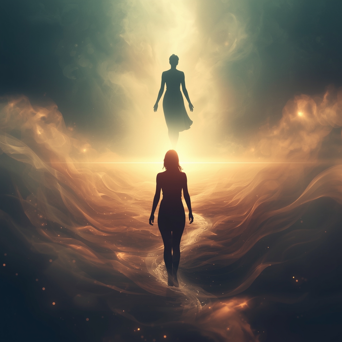 Surrealistyczna grafika przedstawiająca kobietę idącą w stronę widza, za nią w tle majaczy jej cień, symbolizujący dawną wersję siebie. Kobieta zmierza ku jasnemu światłu, co symbolizuje wolność, nadzieję i odwagę do przemiany.
