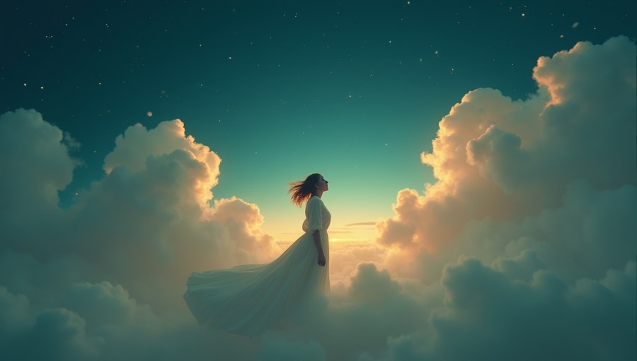 Kobieta stojąca pośród chmur o zachodzie słońca, w spokojnej pozie, symbolizująca spokój i wyciszenie przed snem