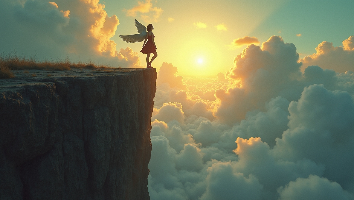 Kobieta ze skrzydłami idzie w stronę urwiska, zrzucając z pleców ciężary. Z każdym krokiem staje się lżejsza, aż w końcu skacze w przepaść i unosi się w stronę światła — symbol wolności, przemiany i odkrywania siebie.