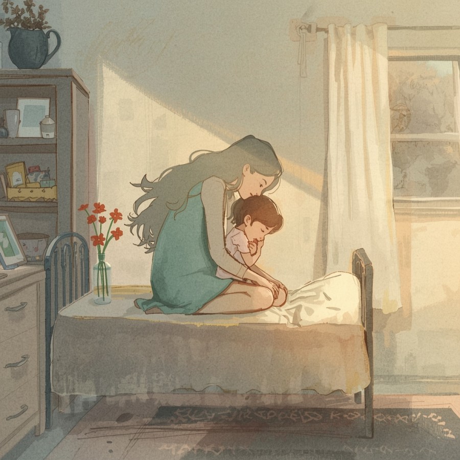 Kobieta obejmująca małą dziewczynkę na łóżku — ilustracja przytulenia siebie, wewnętrzne dziecko, ukojenie lęku.