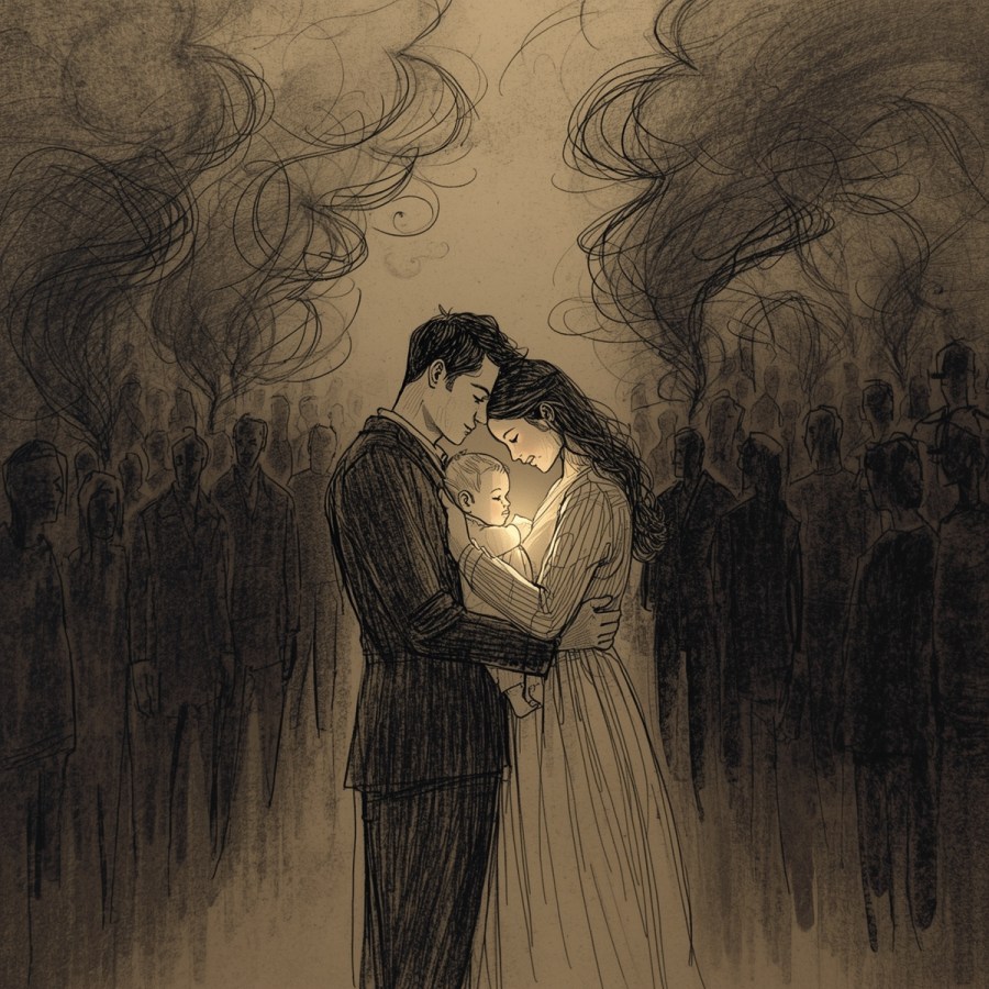 Rysunkowa ilustracja rodziców pochylonych nad dzieckiem, które trzymają między sobą, z delikatnym światłem emanującym od dziecka, podczas gdy wokół nich kłębi się ciemny, rozmyty tłum ludzi.