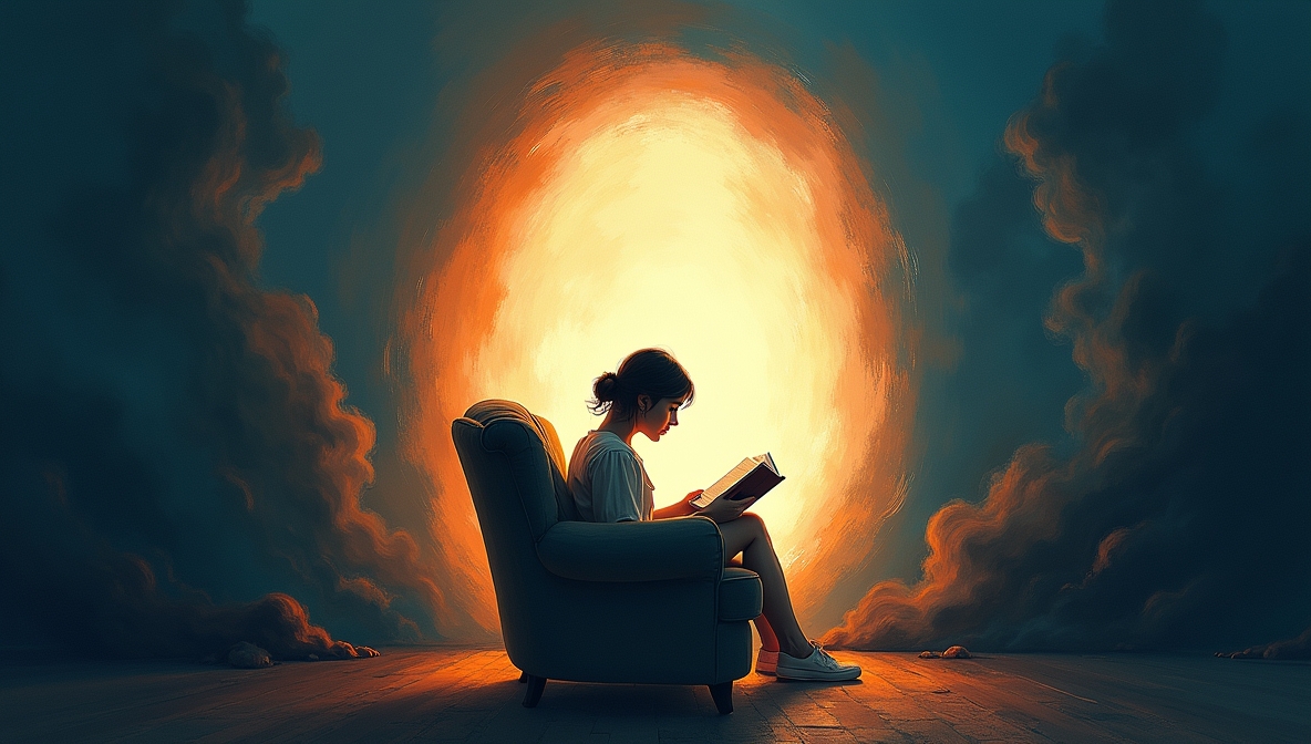 Kobieta czytająca książkę w ciszy i skupieniu, otoczona chaosem symbolizującym nadmiar bodźców