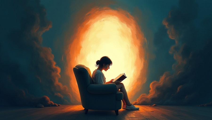 Kobieta czytająca książkę w ciszy i skupieniu, otoczona chaosem symbolizującym nadmiar bodźców