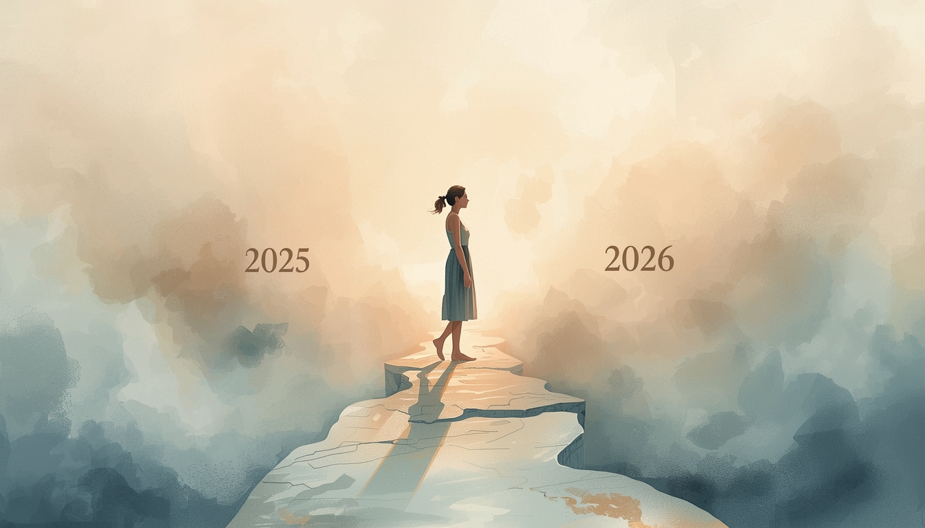 Artystyczna ilustracja kobiety stojącej pomiędzy rokiem 2025 a 2026, symbolizująca wewnętrzną siłę, odwagę i nowy początek.