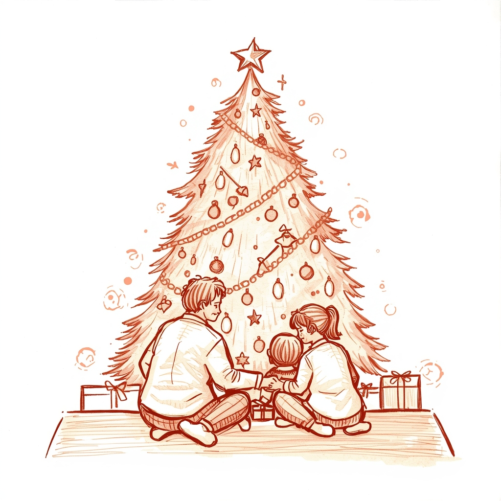 Rysunek ołówkiem w notatniku przedstawiający rodzinę przy stole przed dużą, ozdobioną choinką. Rodzice trzymają się za ręce i patrzą na dzieci rozpakowujące prezenty. Delikatne linie, miękkie cieniowanie, ciepła, intymna atmosfera.