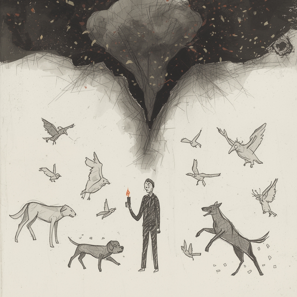 Symboliczna, mroczna ilustracja przedstawiająca osobę odpalającą fajerwerki oraz przerażone zwierzęta — psa, sarnę i ptaki uciekające przed eksplozją, ukazująca strach i konsekwencje używania petard.