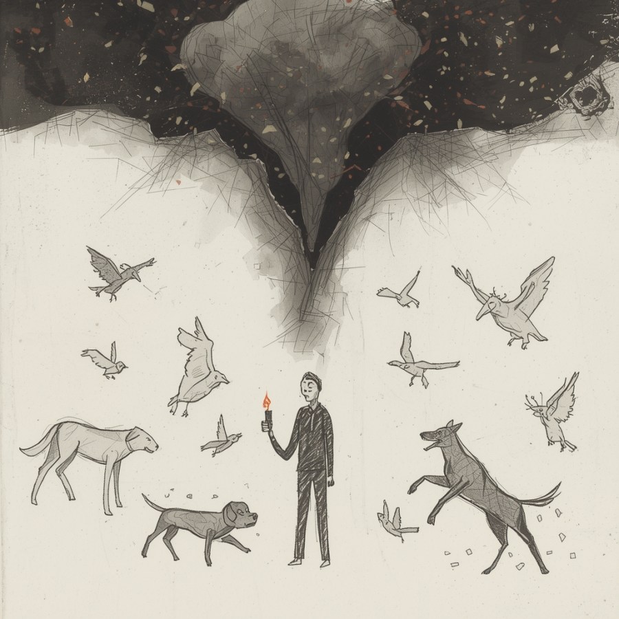 Symboliczna, mroczna ilustracja przedstawiająca osobę odpalającą fajerwerki oraz przerażone zwierzęta — psa, sarnę i ptaki uciekające przed eksplozją, ukazująca strach i konsekwencje używania petard.