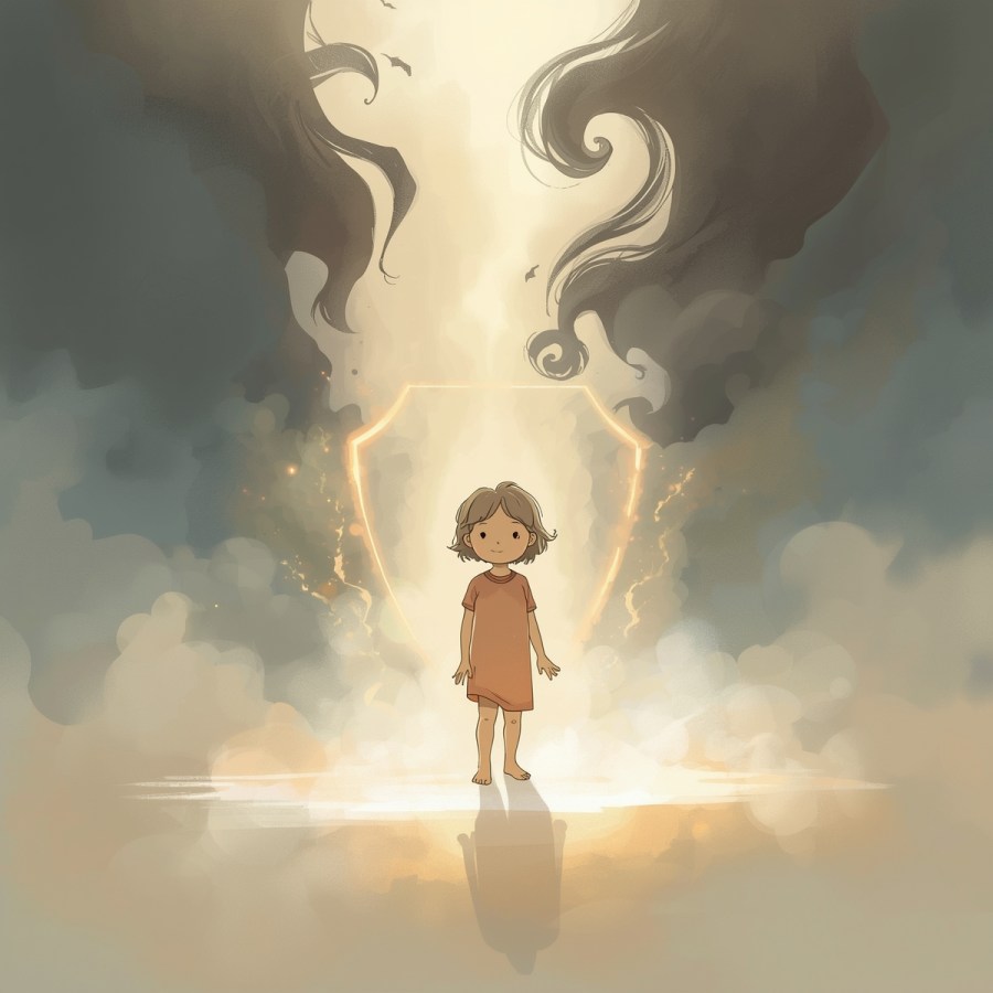 Dziecko otoczone ochronną, świetlistą tarczą, która zatrzymuje ciemne cienie świata — symbol budowania granic i poczucia bezpieczeństwa.