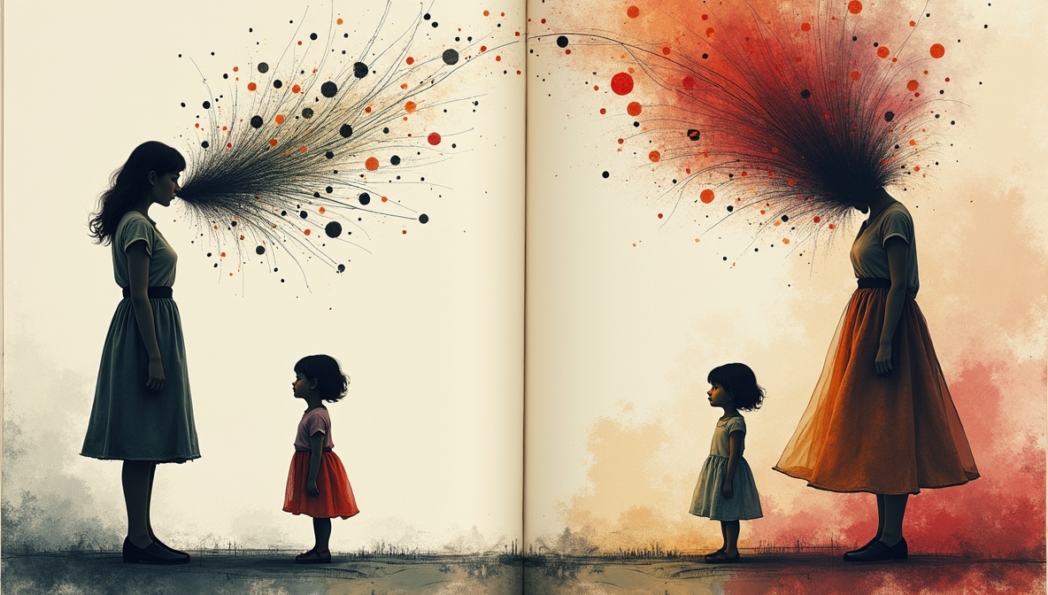 Ilustracja przedstawiająca dorosłą kobietę mówiącą do dziecka oraz dorosłą kobietę patrzącą na siebie w lustrze, symbolizująca wpływ słów z dzieciństwa na obraz siebie i wewnętrzny dialog w dorosłym życiu.