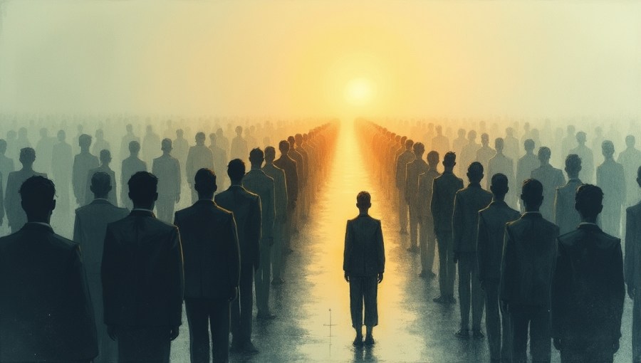 Symboliczna ilustracja przedstawiająca rząd ciemnych, identycznych sylwetek ludzi oraz jedną jaśniejszą postać, która zaczyna świecić, symbolizując wyjście z porównywania się do innych i budowanie pewności siebie.