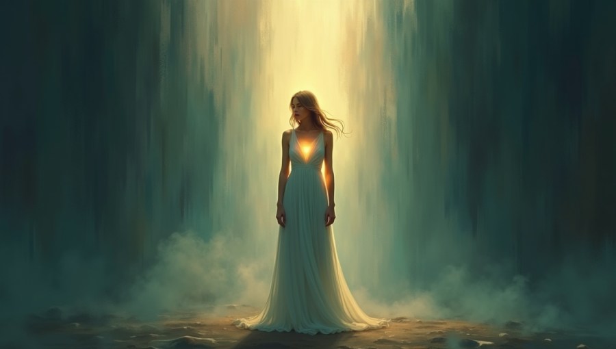 Artystyczna ilustracja kobiety emanującej subtelnym światłem, symbolizującym wrażliwość, samoakceptację i wewnętrzną siłę. Postać stoi spokojnie w stonowanym, minimalistycznym otoczeniu, które kontrastuje z jej wewnętrznym blaskiem.