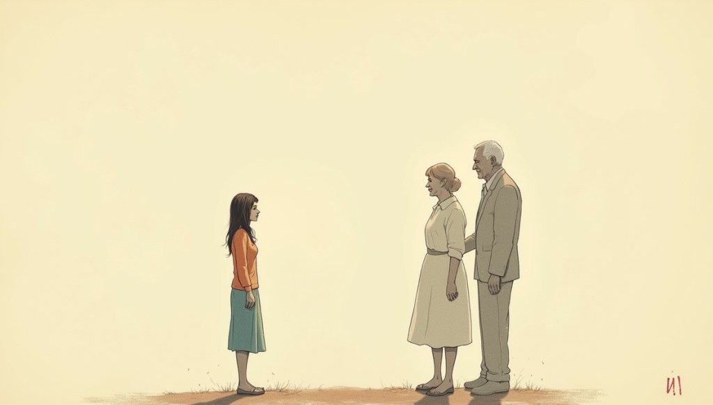 Symboliczna ilustracja kobiety z cieniami babci i dziadka za plecami, przedstawiająca miłość, pamięć i tęsknotę za zmarłymi dziadkami