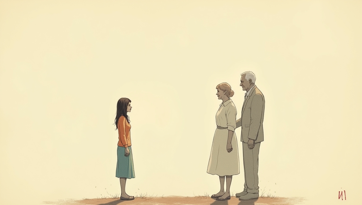 Symboliczna ilustracja kobiety z cieniami babci i dziadka za plecami, przedstawiająca miłość, pamięć i tęsknotę za zmarłymi dziadkami