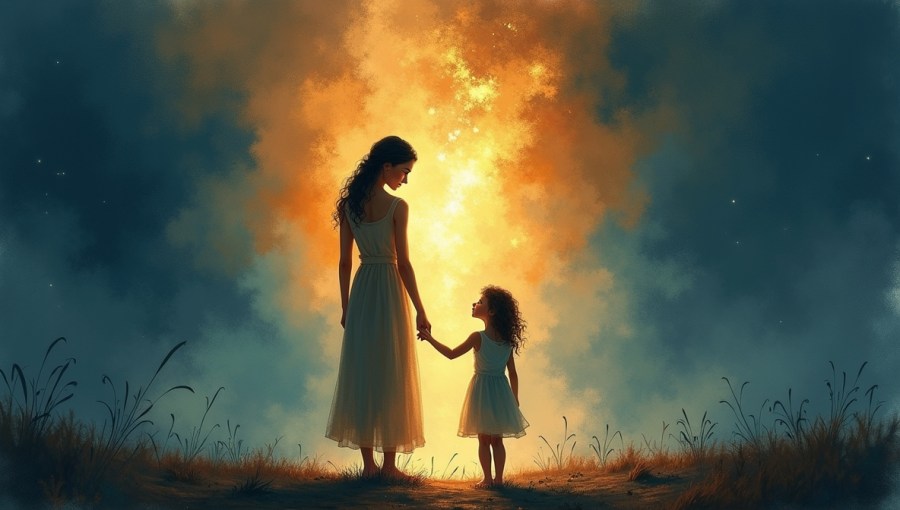 Matka i córka trzymają się za ręce, a ich wewnętrzne światło rozprasza mrok – ilustracja symbolizująca miłość do siebie, przebudzenie kobiety i uczenie dziecka przez przykład.