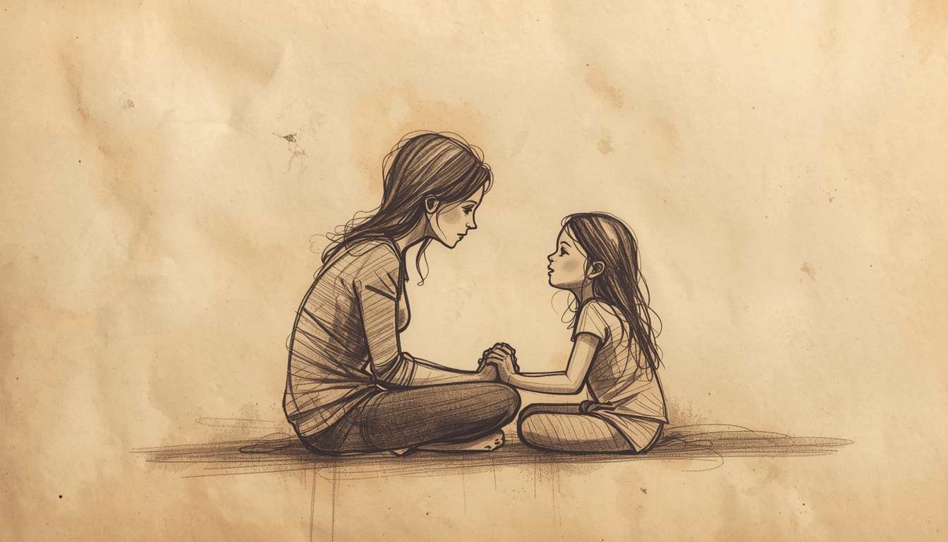 Artystyczny szkic matki i córki siedzących po turecku naprzeciwko siebie, trzymających się za ręce i patrzących sobie w oczy. Grafika symbolizuje bliskość, bezpieczeństwo i relację matka–dziecko.