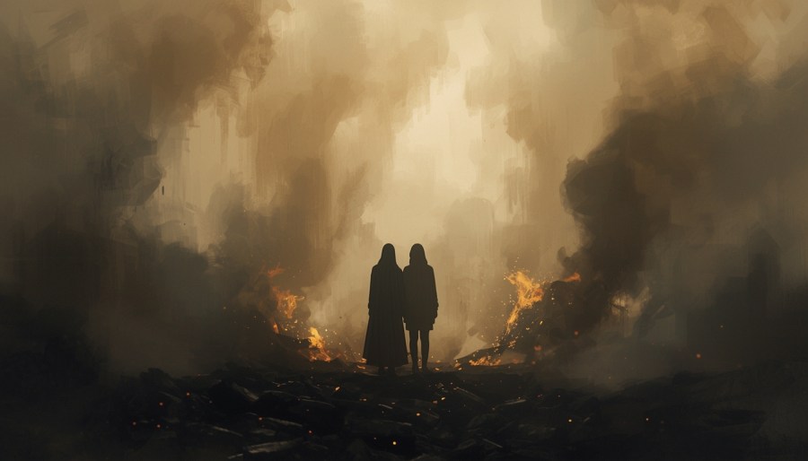 Dwóch ludzi stoi w popiele, w dymie, spoglądając w stronę delikatnego światła w oddali. Grafika symbolizuje życie w chronicznym lęku, przewidywanie katastrofy i jednoczesne odnajdywanie nadziei oraz ukojenia w bliskości drugiej osoby.