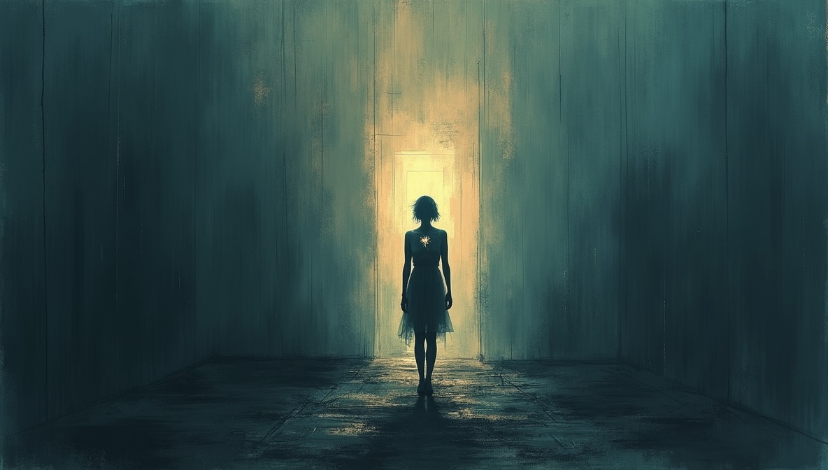 Kobieta w mrocznym, szkicowym stylu symbolizująca lęk, niepewność i wewnętrzną siłę mimo trudnych emocji