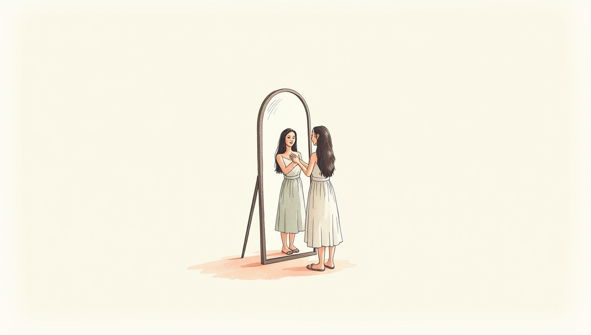 Ilustracja kobiety patrzącej w lustro, uśmiechającej się do swojego odbicia i czule dotykającej własnej piersi – symbol miłości do siebie, akceptacji siebie i budowania poczucia własnej wartości.