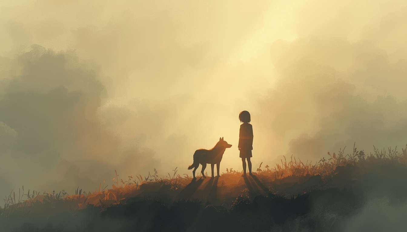 Ilustracja symbolizująca empatię i ochronę zwierząt – sylwetka człowieka stojącego obok psa w spokojnym, refleksyjnym świetle