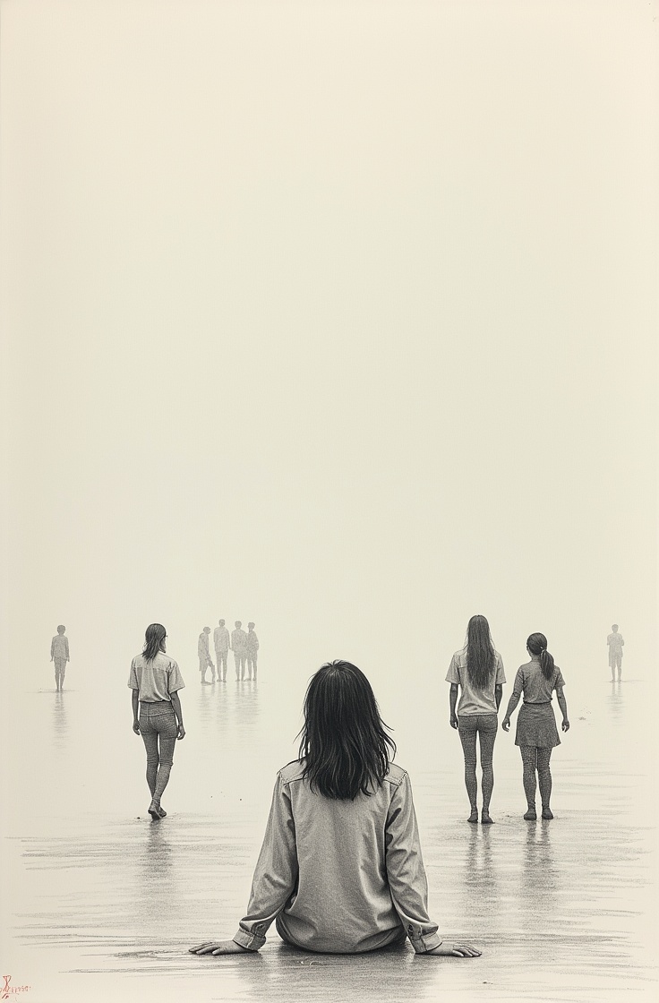 Szkic ołówkiem przedstawiający kobietę siedzącą tyłem na ziemi i obserwującą tłum rozmazanych ludzi przed sobą – symbol refleksji nad naturą człowieka i introwertycznym obserwowaniem świata.